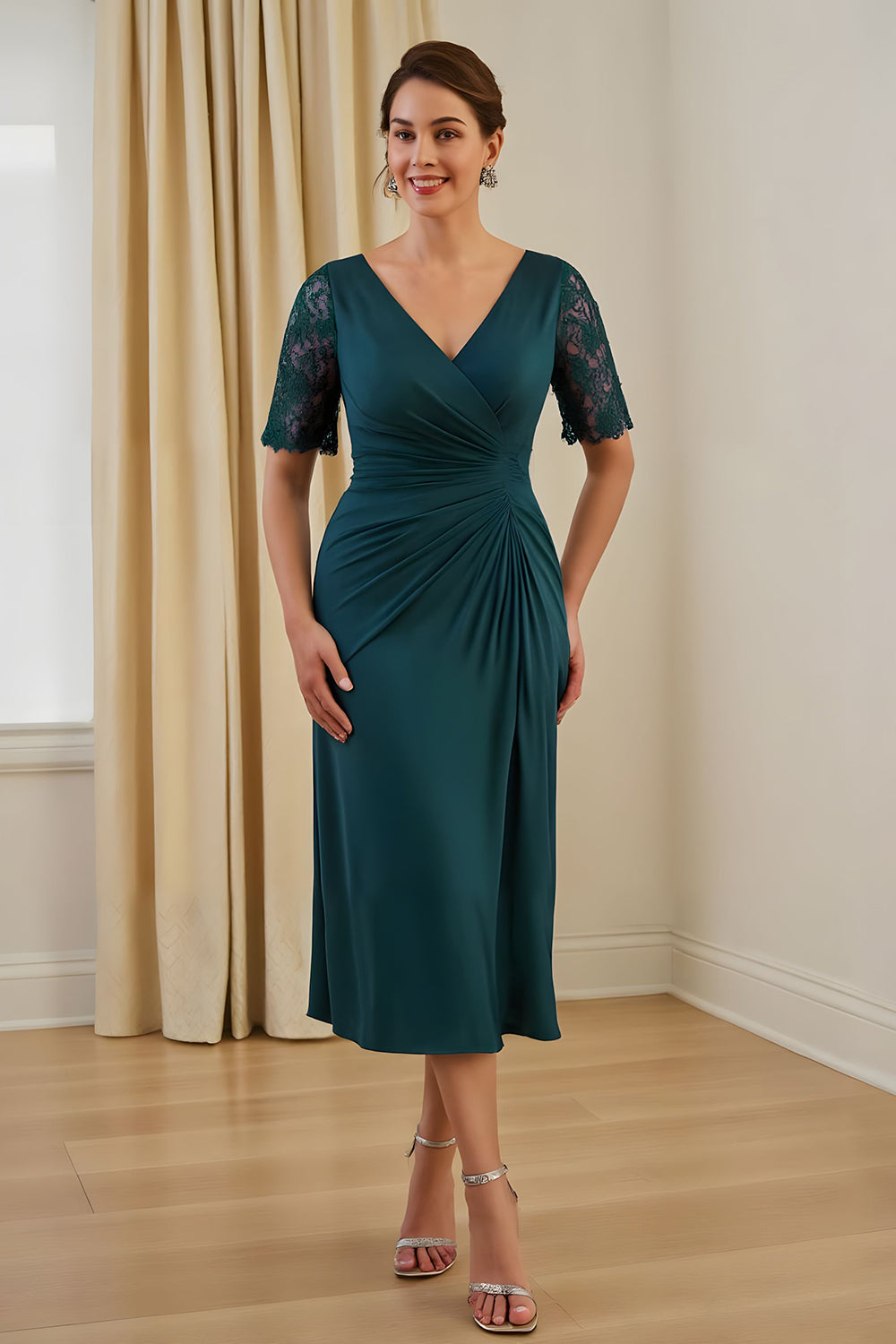 Pine Sheath Ruched V-Neck Midi Wedding Guest Dress with Lace