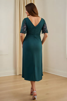 Pine Sheath Ruched V-Neck Midi Wedding Guest Dress with Lace