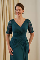 Load image into Gallery viewer, Pine Sheath Ruched V-Neck Midi Wedding Guest Dress with Lace