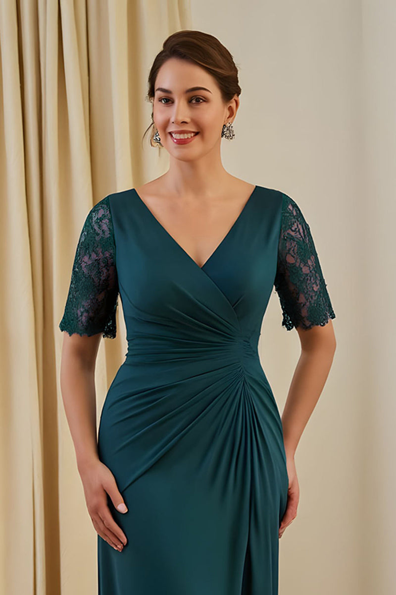 Load image into Gallery viewer, Pine Sheath Ruched V-Neck Midi Wedding Guest Dress with Lace