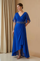 Load image into Gallery viewer, Royal Blue Chiffon V-Neck Sheath Long Wedding Guest Dress with Beading