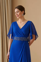 Load image into Gallery viewer, Royal Blue Chiffon V-Neck Sheath Long Wedding Guest Dress with Beading