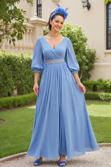 Dusty Blue Chiffon V-Neck A Line Long Wedding Guest Dress with Beading
