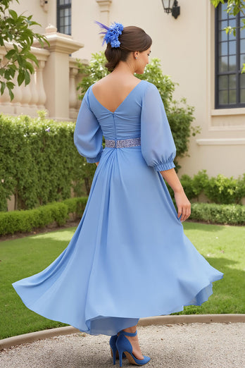 Dusty Blue Chiffon V-Neck A Line Long Wedding Guest Dress with Beading