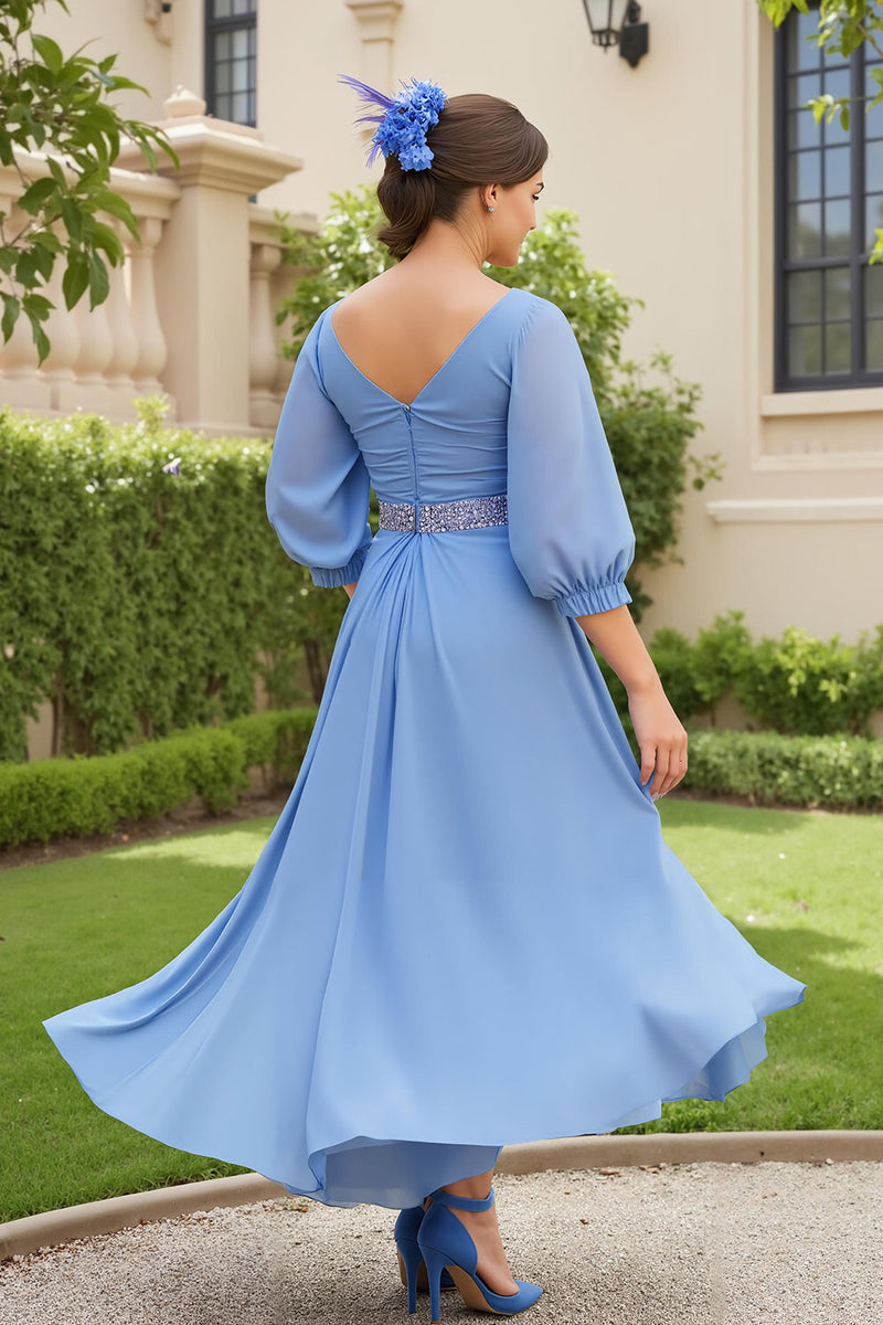 Load image into Gallery viewer, Dusty Blue Chiffon V-Neck A Line Long Wedding Guest Dress with Beading