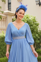 Load image into Gallery viewer, Dusty Blue Chiffon V-Neck A Line Long Wedding Guest Dress with Beading