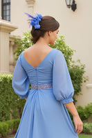 Load image into Gallery viewer, Dusty Blue Chiffon V-Neck A Line Long Wedding Guest Dress with Beading