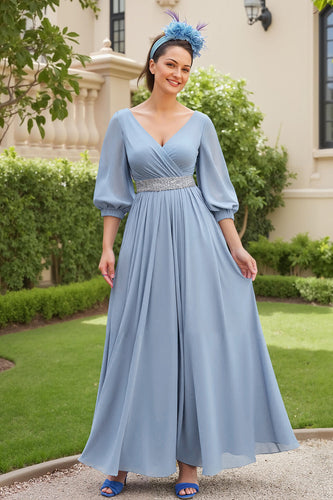 Dusty Blue Chiffon V-Neck A Line Long Wedding Guest Dress with Beading