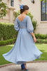 Load image into Gallery viewer, Dusty Blue Chiffon V-Neck A Line Long Wedding Guest Dress with Beading