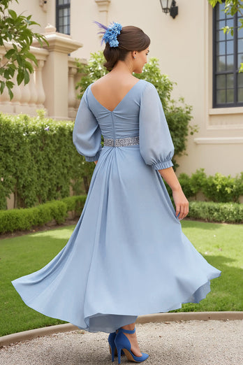 Dusty Blue Chiffon V-Neck A Line Long Wedding Guest Dress with Beading