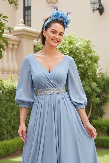 Dusty Blue Chiffon V-Neck A Line Long Wedding Guest Dress with Beading