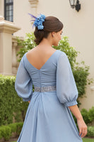 Load image into Gallery viewer, Dusty Blue Chiffon V-Neck A Line Long Wedding Guest Dress with Beading