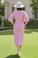 Load image into Gallery viewer, Candy Pink V-Neck Sheath Midi Wedding Guest Dress with Sleeves