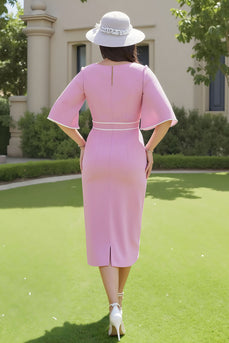 Candy Pink V-Neck Sheath Midi Wedding Guest Dress with Sleeves