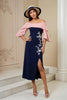 Load image into Gallery viewer, Navy Satin Sheath Off The Shoulder Midi Wedding Guest Dress with Slit