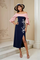 Load image into Gallery viewer, Navy Satin Sheath Off The Shoulder Midi Wedding Guest Dress with Slit