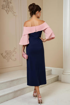 Navy Satin Sheath Off The Shoulder Midi Wedding Guest Dress with Slit