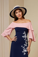 Load image into Gallery viewer, Navy Satin Sheath Off The Shoulder Midi Wedding Guest Dress with Slit