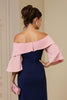 Load image into Gallery viewer, Navy Satin Sheath Off The Shoulder Midi Wedding Guest Dress with Slit