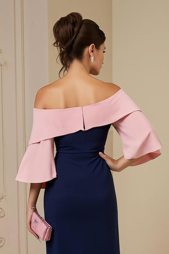 Navy Satin Sheath Off The Shoulder Midi Wedding Guest Dress with Slit