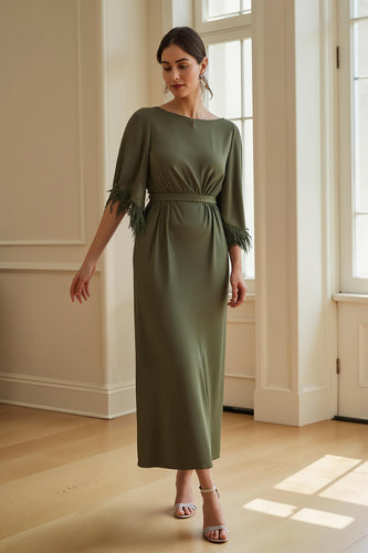 Olive Boat Neck Sheath Long Wedding Guest Dress with Feathers