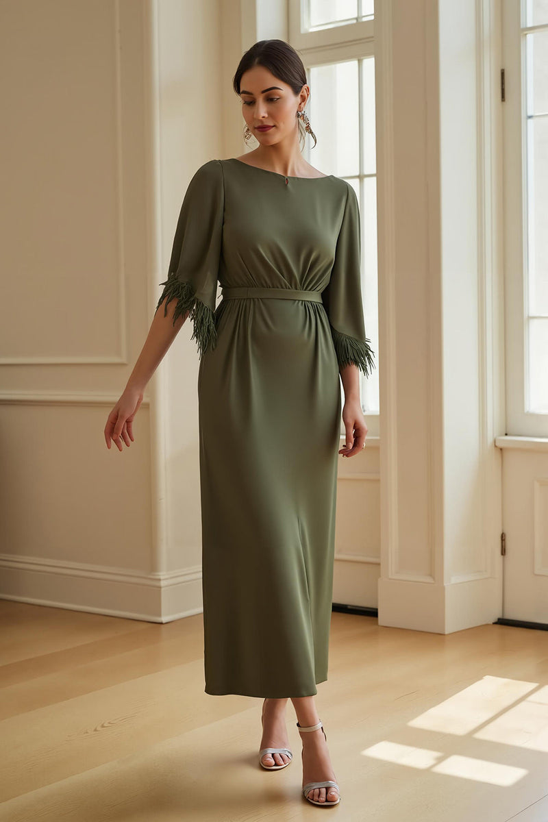 Load image into Gallery viewer, Olive Boat Neck Sheath Long Wedding Guest Dress with Feathers
