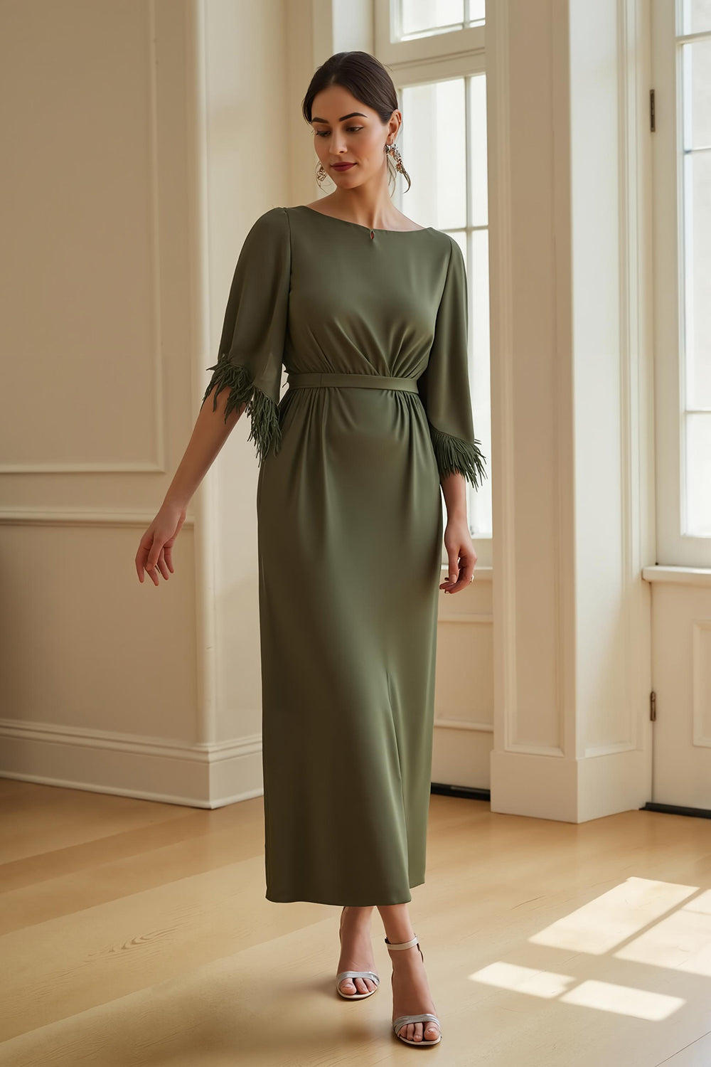Olive Boat Neck Sheath Long Wedding Guest Dress with Feathers