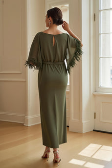 Olive Boat Neck Sheath Long Wedding Guest Dress with Feathers