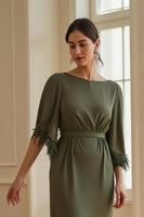 Load image into Gallery viewer, Olive Boat Neck Sheath Long Wedding Guest Dress with Feathers