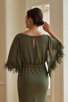 Load image into Gallery viewer, Olive Boat Neck Sheath Long Wedding Guest Dress with Feathers