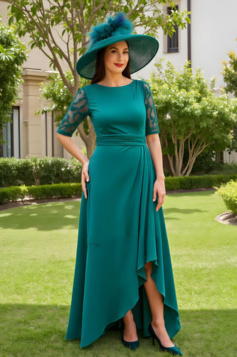 Pine Chiffon Boat Neck Sheath Long Wedding Guest Dress with Sleeves