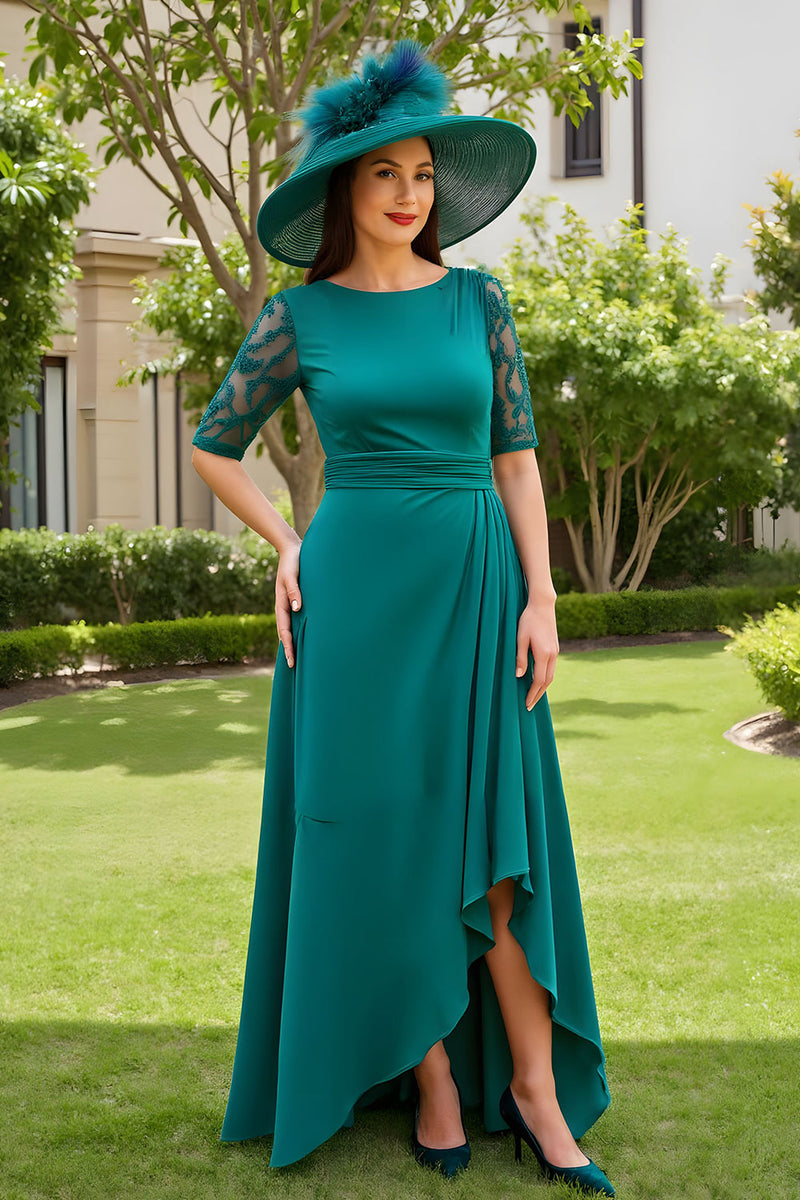Load image into Gallery viewer, Pine Chiffon Boat Neck Sheath Long Wedding Guest Dress with Sleeves
