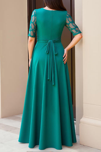 Pine Chiffon Boat Neck Sheath Long Wedding Guest Dress with Sleeves