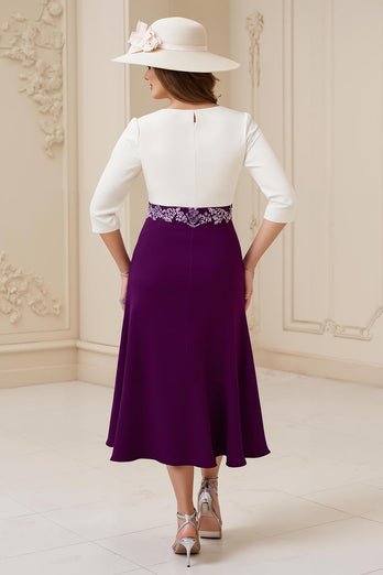 Navy Boat Neck A Line Midi Wedding Guest Dress with Appliques