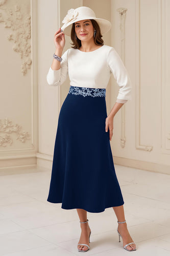 Navy Boat Neck A Line Midi Wedding Guest Dress with Appliques