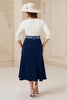 Load image into Gallery viewer, Navy Boat Neck A Line Midi Wedding Guest Dress with Appliques