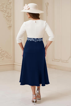 Navy Boat Neck A Line Midi Wedding Guest Dress with Appliques