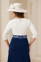 Load image into Gallery viewer, Navy Boat Neck A Line Midi Wedding Guest Dress with Appliques