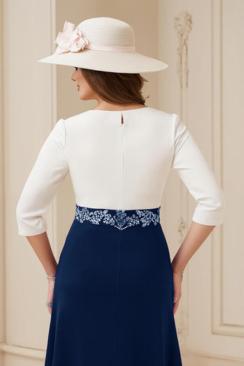 Navy Boat Neck A Line Midi Wedding Guest Dress with Appliques
