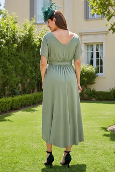 Eucalyptus Boat Neck Sheath Long Wedding Guest Dress with Sleeves