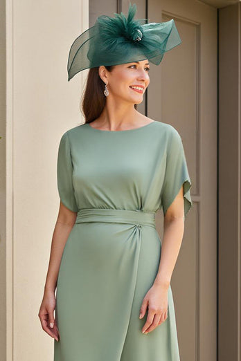 Eucalyptus Boat Neck Sheath Long Wedding Guest Dress with Sleeves