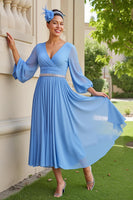 Load image into Gallery viewer, Light Blue Chiffon V-Neck A Line Long Wedding Guest Dress with Beading