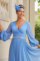 Load image into Gallery viewer, Light Blue Chiffon V-Neck A Line Long Wedding Guest Dress with Beading