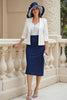 Load image into Gallery viewer, 2 Piece Navy Sheath Satin Midi Wedding Guest Dress with Lace
