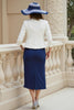 Load image into Gallery viewer, 2 Piece Navy Sheath Satin Midi Wedding Guest Dress with Lace
