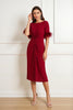 Load image into Gallery viewer, Dark Red Sheath Boat Neck Satin Midi Wedding Guest Dress with Feathers