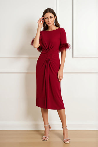 Dark Red Sheath Boat Neck Satin Midi Wedding Guest Dress with Feathers