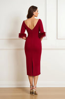 Load image into Gallery viewer, Dark Red Sheath Boat Neck Satin Midi Wedding Guest Dress with Feathers