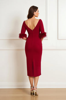 Dark Red Sheath Boat Neck Satin Midi Wedding Guest Dress with Feathers