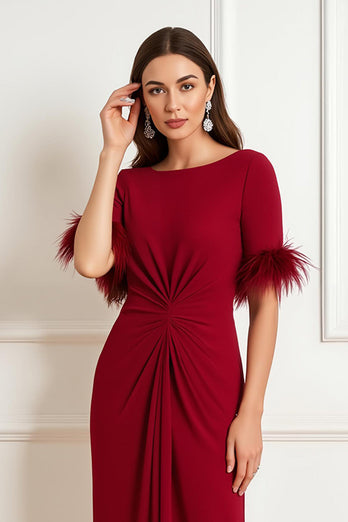 Dark Red Sheath Boat Neck Satin Midi Wedding Guest Dress with Feathers